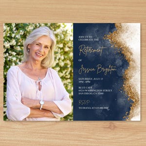 Retirement Invitation/Blue & Gold Retirement Party Invitations with Photo/Luxury Retirement for Men Woman/Printed or Digital/Elegant Modern