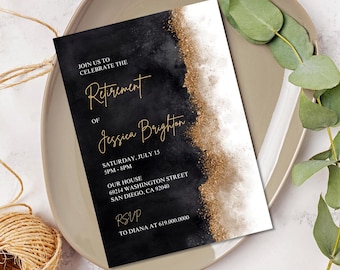 Retirement Invitation for Men Women/Luxury Black & Gold Retirement Invitations/Modern Elegant Confetti Gold/Printed or Digital