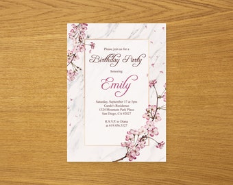 Printable Cherry Blossoms Birthday Party Invitation/Pink Flowers Birthday Invitations/Pink Floral Birthday Invitation/Japanese Flowers Theme
