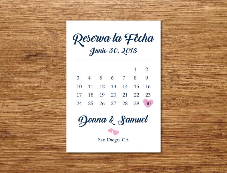 Navy Blue and Pink Printable Spanish Save the DateSave the Date PostcardSave the Date AnnouncementReserva La Fecha Tarjeta en Espanol