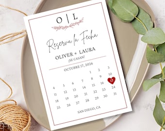 Modern Printable Spanish Save the Date Calendar/Minimalist Save the Date Card/Save the Date Wreath/Reserva La Fecha Tarjeta en Espanol