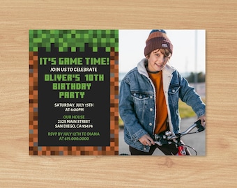 Minecraft Game Birthday Invitation with Photo for Boys Girls Kids Teens/Pixelated Invitation/Pixel Video Game Invite/Printed or Digital