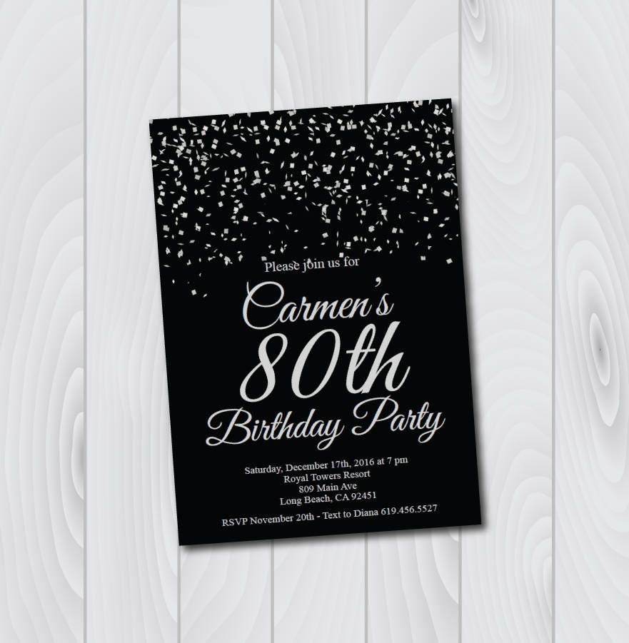 Black White Silver Confetti 80th Personalised Birthday Party Invitations