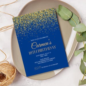 Invito per festa di compleanno blu/Invito di compleanno oro e blu navy/Invito di coriandoli per uomini, donne, adulti, adolescenti/Stampato o digitale/Elegante