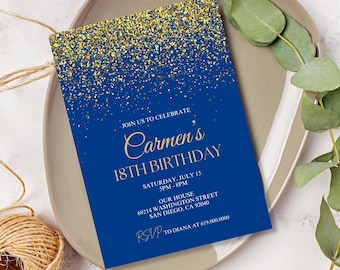 Blue Birthday Party Invitation/Gold & Navy Blue Birthday Invitation/Confetti Invite for Men Women Adults Teens/Printed or Digital/Elegant