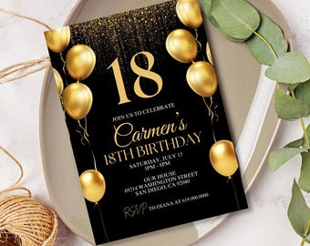 Gold & Black Birthday Party Invitations/Gold Balloons Birthday Invitation/ANY AGE/for Women Men Adults Teens/Printed or Digital Invite