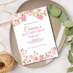 Invito per festa di compleanno rosa per ragazze adolescenti donne/QUALSIASI ETÀ/Invito per 18° compleanno/Invito stampabile per compleanno con fiori di ciliegio rosa/Stampato o digitale