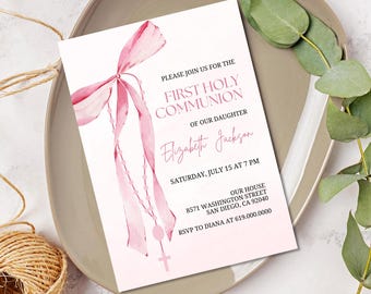 Invito per la Prima Comunione con fiocco e rosario per ragazze/Invito rosa per la Prima Comunione/Cresima religiosa cristiana/Stampato o digitale
