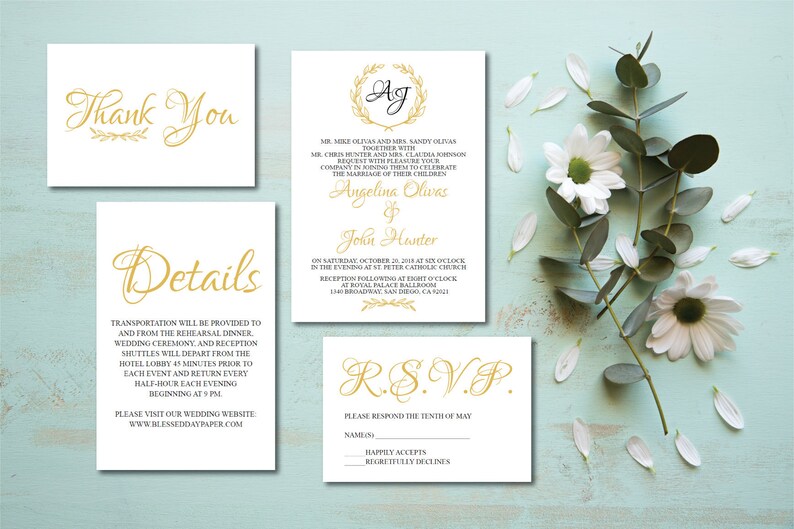 Gold Wreath Wedding Invitation PrintableGolden Vintage Wedding Invitation TemplateRSVPThank YouDetailsSpanish Option Available