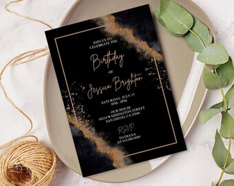 Black & Gold Birthday Party Invitations/Luxury Gold Birthday Invitation Printable For Men Women Adults /Gold Glitter Modern Invite Luxurious