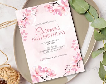 Cherry Blossom Birthday Invitation/Pink Flowers Birthday Party Invite/Birthday Invitation For Women Girls Teens Kids/Printed or Digital