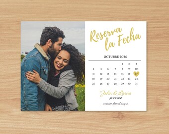 Printable Gold Spanish Save the Date Calendar Template/Save the Date Postcard/Save the Date Announcement/Reserva La Fecha Tarjeta en Espanol