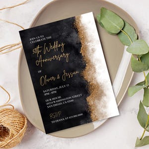 Wedding Anniversary Invitation/Luxury Black and Gold Wedding Anniversary Party Invitation/Modern Elegant Classy Sparkle/Printed or Digital