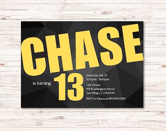 Yellow Birthday Invitation for Boys Kids Teens Girl/ANY AGE & COLOR/Black and Yellow Birthday Party Invitation/Printed or Digital/Minimalist