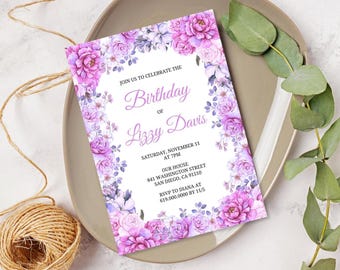 Floral Birthday Invitation/Purple Flowers Birthday Party Invite/Customized