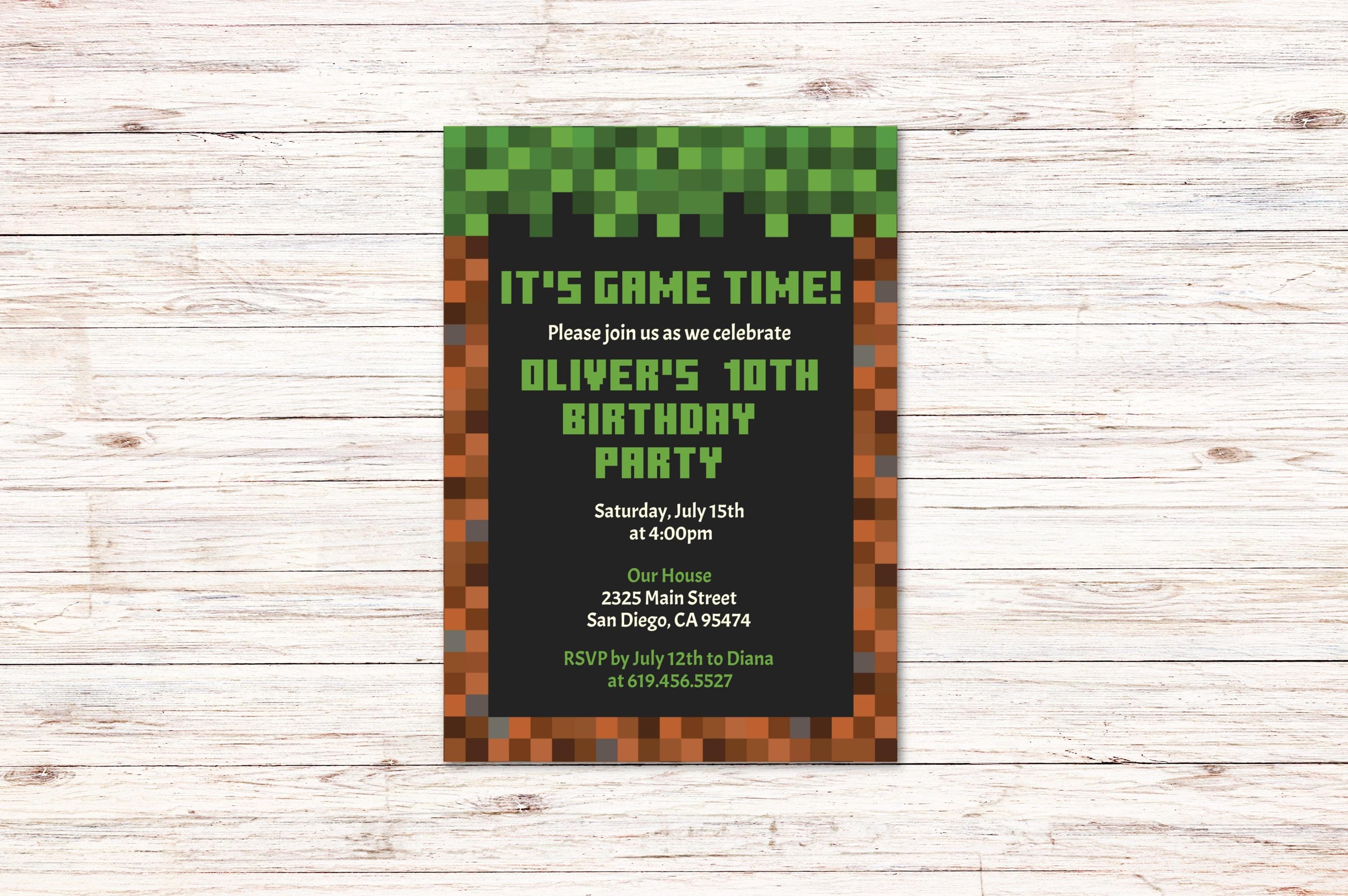 Invitación De Fiesta De Cumpleaños De Minecraft Para Imprimir En Tarjetas