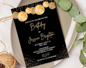 Black Birthday Party Invitations/Luxury Gold Birthday Invitation Printable For Men Women Adults/Disco Party Modern Invite/Printed or Digital