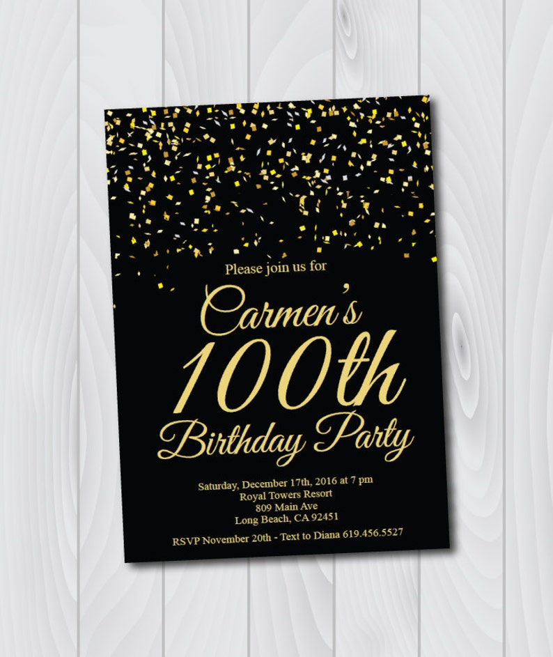 100th Birthday Invitation printable Gold Black Birthday Etsy