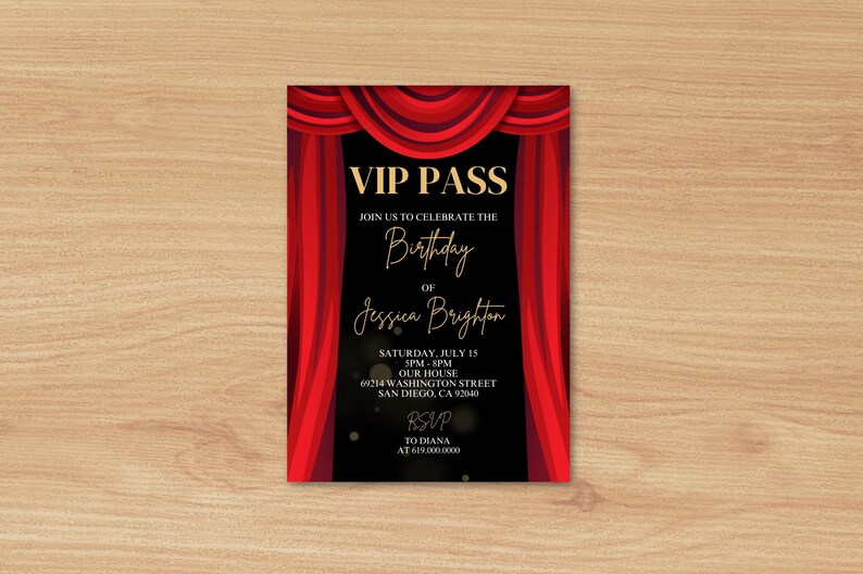 Vip Pass Invites Exclusive VIP Pass Red Curtain Birthday Party Invitations/red Black ...