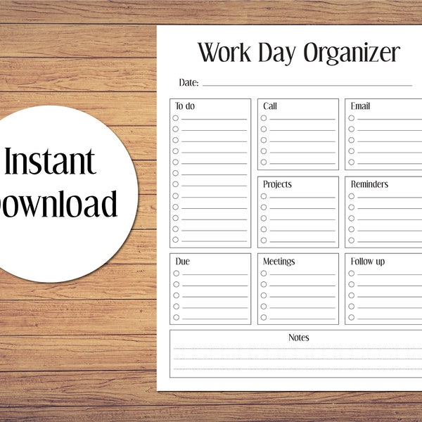 Work Day Organizer Printable, Work Planner, Printable Planner, Printable To Do List, Daily Weekly Organizer, Instant Download To Do List PDF