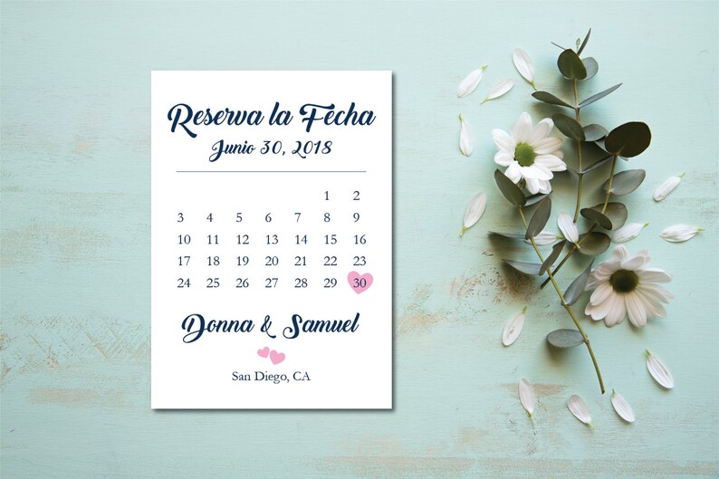 Navy Blue and Pink Printable Spanish Save the DateSave the Date PostcardSave the Date AnnouncementReserva La Fecha Tarjeta en Espanol