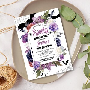 May include: Purple, white, and pink floral Halloween birthday party invitation with bats, spiders, and a spider web design. The invitation says "You're invited to our Spooky Birthday Party Celebrating Jessica's 10th Birthday!"  The invitation also includes the date, time, and location of the party.