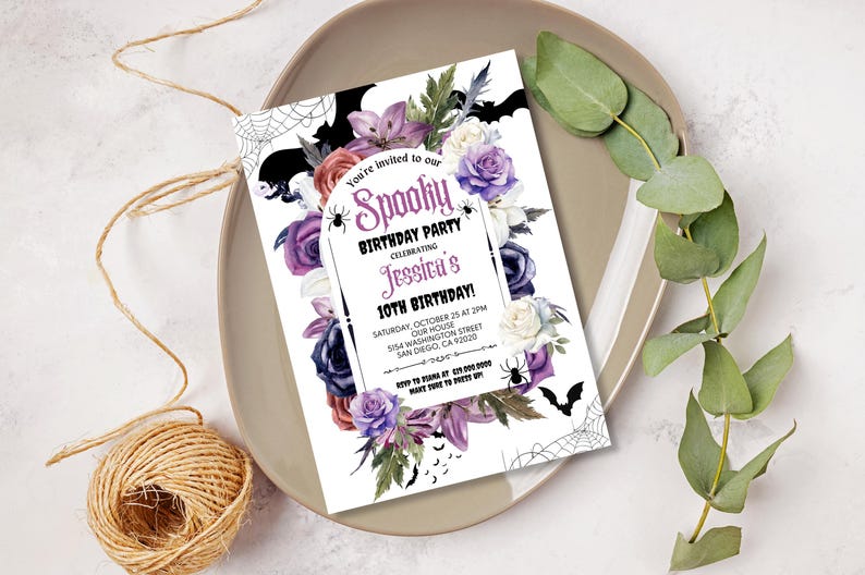 May include: Purple, white, and pink floral Halloween birthday party invitation with bats, spiders, and a spider web design. The invitation says "You're invited to our Spooky Birthday Party Celebrating Jessica's 10th Birthday!"  The invitation also includes the date, time, and location of the party.