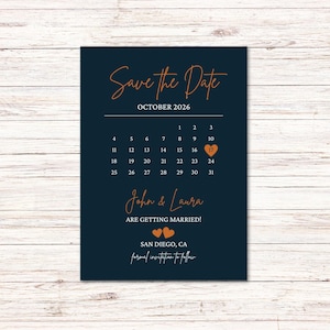 ネイビーブルーとオレンジの Save the Date カレンダー/Save the Date ポストカード (印刷可能)/Save the Date アナウンス/オレンジとブルーの Save the Date カード