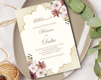 Arabic Henna Invitation Printable/Customized Gold Wedding Invitation/Arabic Wedding Invitations/حفل زواج/عرس/خطوبة/حنة/دعوة زفاف/حناء