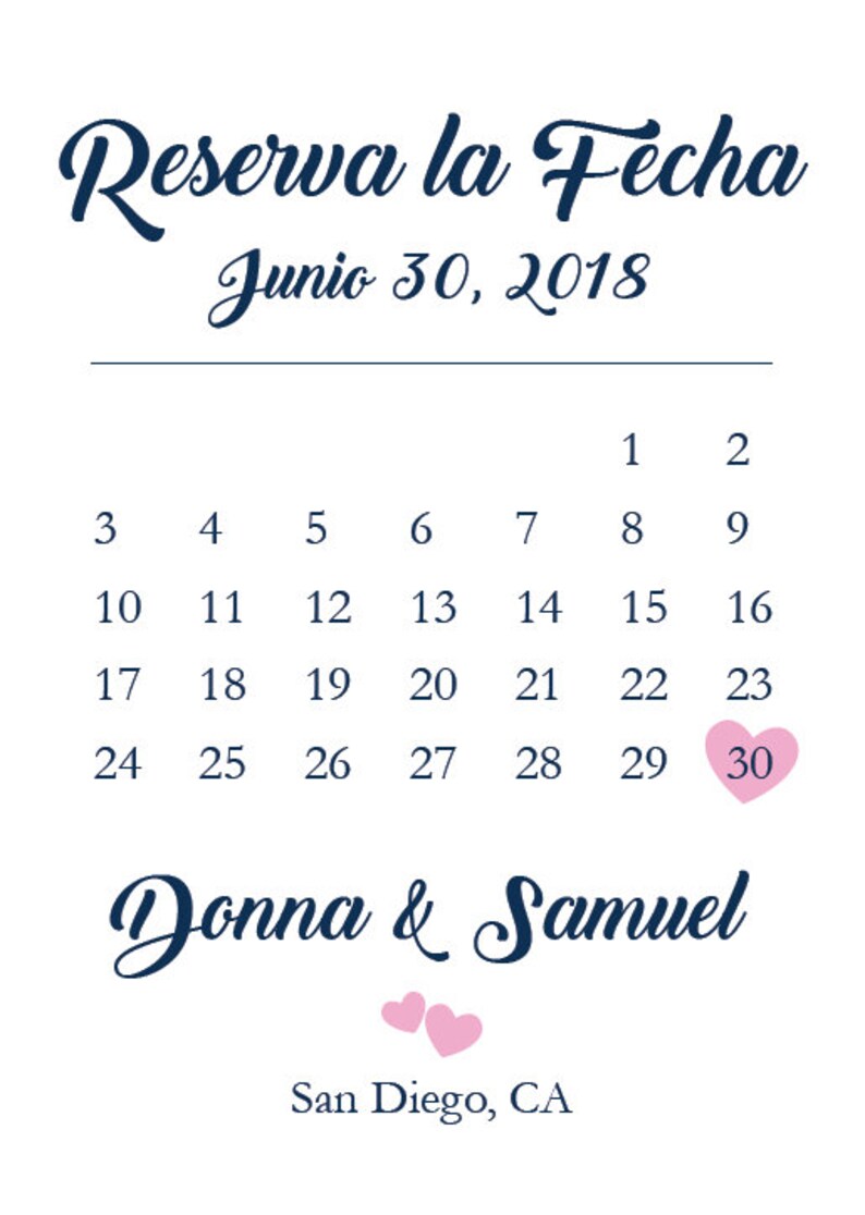 Navy Blue and Pink Printable Spanish Save the DateSave the Date PostcardSave the Date AnnouncementReserva La Fecha Tarjeta en Espanol