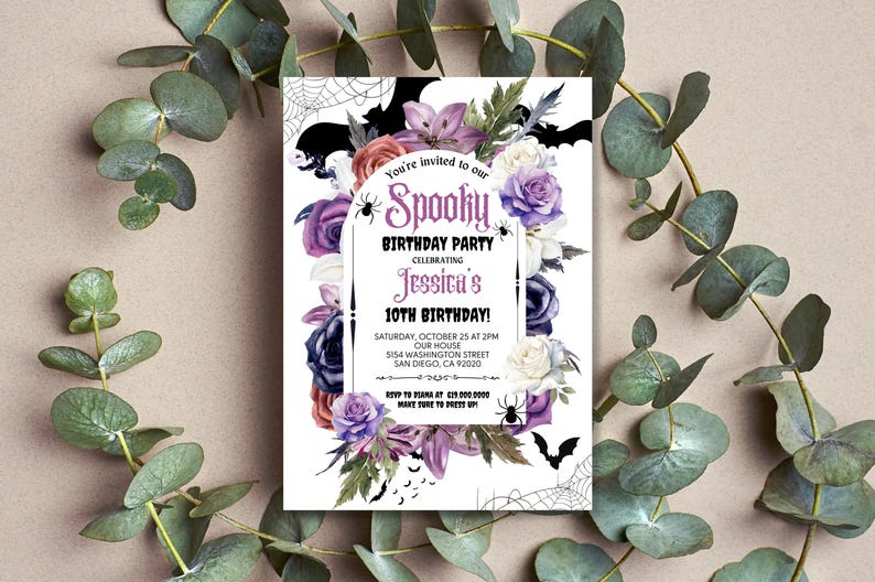 May include: Purple, white, and pink floral birthday party invitation with a spooky theme. The invitation features bats, spiders, and a spiderweb. The text reads "You're invited to our Spooky Birthday Party Celebrating Jessica's 10th Birthday!"