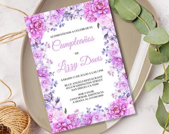 Cumpleaños Tarjetas Invitacion/Purple Floral Birthday Invitation/Printable Purple Flowers Spanish Birthday Invite/Printed or Digital/Elegant