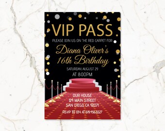 Exclusive VIP Pass Red Carpet Birthday Party Invitations/Red Black Glitter Gold Birthday Party Invitation for Teens Girls Adults/Printable