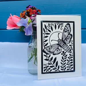 Original Single Layer Handprinted Linocut Card - Hand Drawn Hand Carved Moth with Floral Background