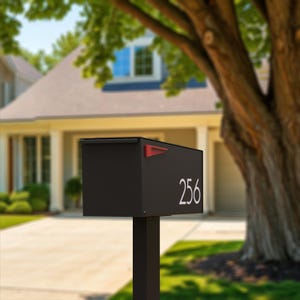 May include: A black mailbox displaying the number 256 in white. It features a red flag and is mounted on a black post. The background shows a house and a large tree.