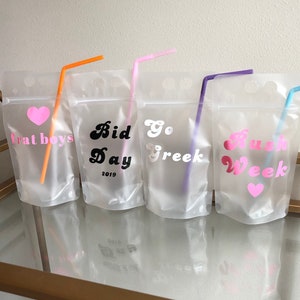 SORORITY Reusable Drink Pouches with Straw, College, Drink Bags, Booze Bags, Sorority, Rush Week, Greek Week, Bid Day Sorority Swag,Vacation