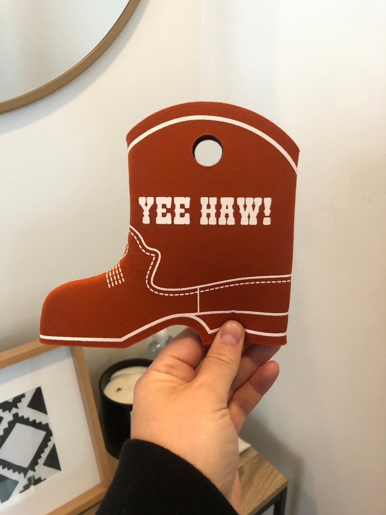 Texas orange yeehaw cowboy boot can cooler