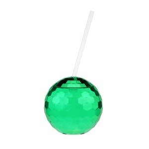 May include: A green, round, plastic cup with a textured surface, resembling a disco ball, with a clear plastic straw sticking out of the top.
