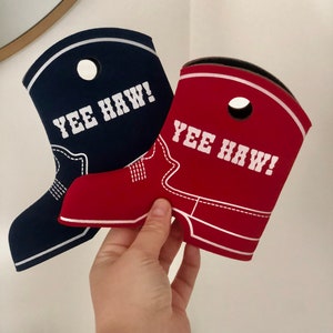 Navy and Red Yeehaw! cowboy boot can coolers