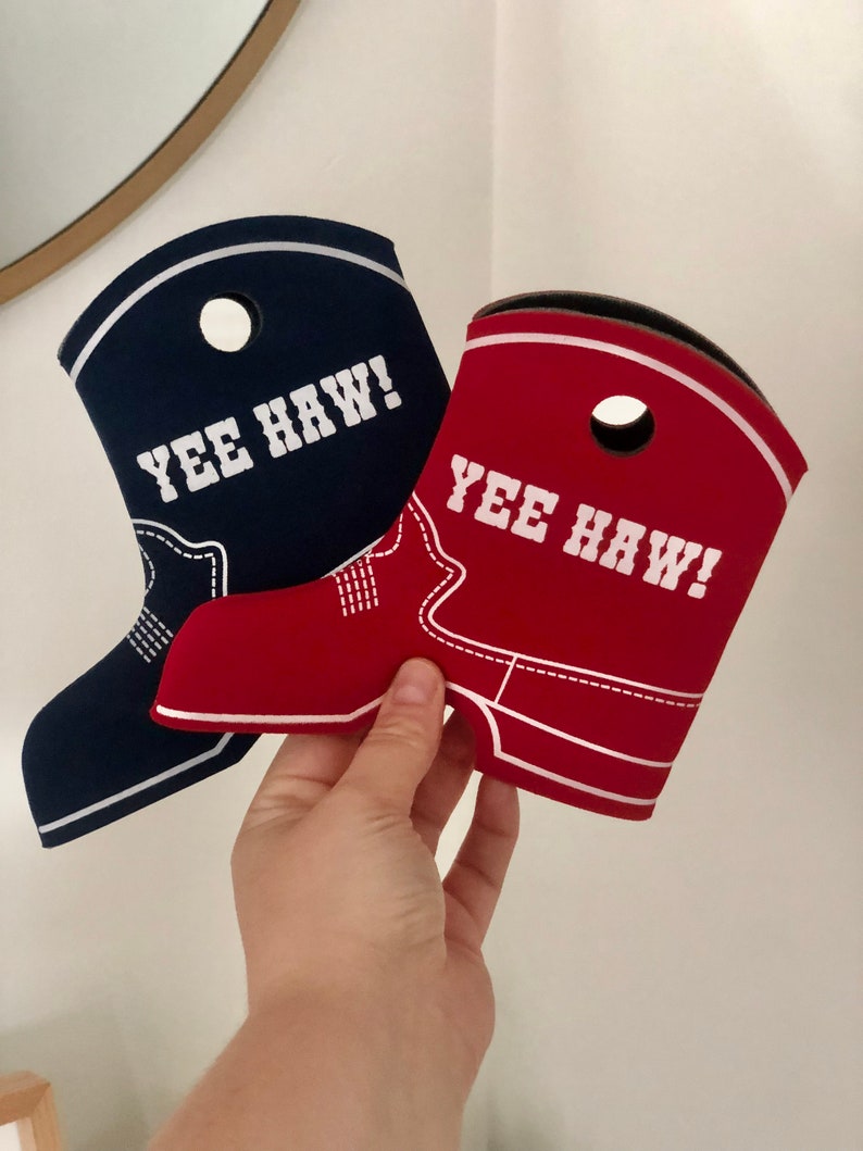 Navy and Red Yeehaw! cowboy boot can coolers
