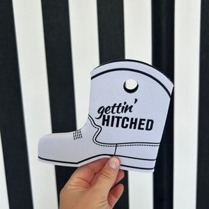 Gettin&#39; Hitched can cooler, Bachelorette party favor, Engagement Gift, Gift for the Bride, Cowboy Boot, Bachelorette, Slim Can Cooler