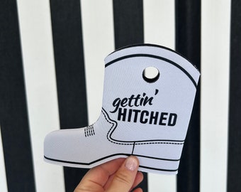 Gettin' Hitched can cooler, Bachelorette party favor, Engagement Gift, Gift for the Bride, Cowboy Boot, Bachelorette, Slim Can Cooler