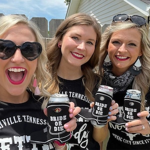 Bride or Die black cowboy boot can coolers with white trim