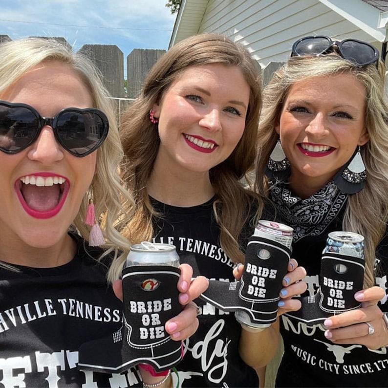 Bride or Die black cowboy boot can coolers with white trim