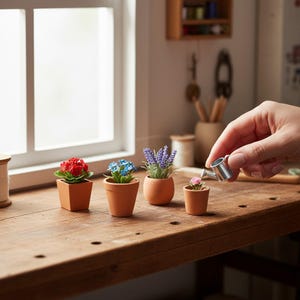 May include: Four miniature potted plants in terracotta-colored containers, including red, blue, and purple flowers, alongside a tiny pink flower in a small pot being watered by a miniature silver-colored metal watering can on a wooden surface.