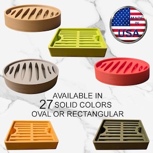 Solid Color Draining Oval or Rectangular Soap Dish with tray for sink/shower, Matte finish, Minimalist Design