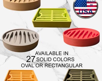 Solid Color Draining Oval or Rectangular Soap Dish with tray for sink/shower, Matte finish, Minimalist Design