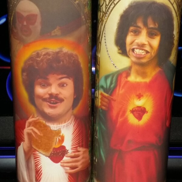 Nacho Libre &  Esquelito 2 CANDLE SET -  Celebrity Saint Prayer Candles