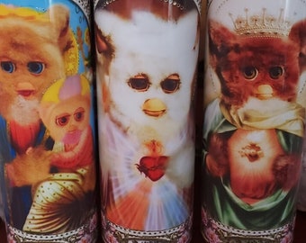 2005 Furby Saint Prayer Candles  MARSHMALLOW - Add your own furby name too!