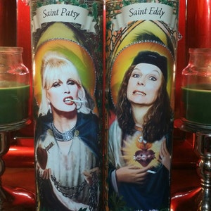 Patsy and Eddy  - Celebrity Saint Prayer Candles Absolutely Fabulous - in church  s